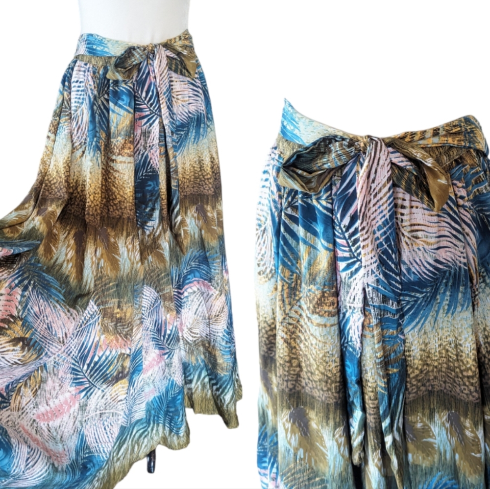 Moon Orchid Tropical Maxi Skirt Medium Palms Green Pink Yellow Flowy Long Tie